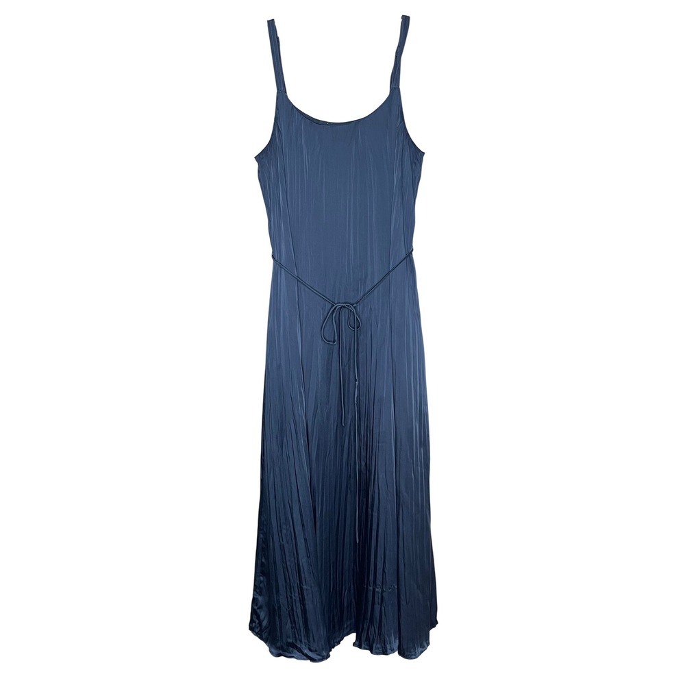 Vince Women's Small Blue Crushed Satin Pleated Tie Waist Slip Midi Dress